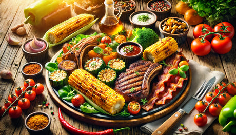 A griddle/grill combination insert in action, with sizzling steaks on the grill section and sautéed vegetables on the flat griddle surface, set outdoors.