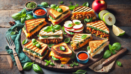 An assortment of gourmet grilled cheese sandwiches, including Caprese, BBQ pulled pork, apple and brie, spinach and artichoke, and classic cheddar, with melty cheese and crispy toasted bread on a rustic platter.