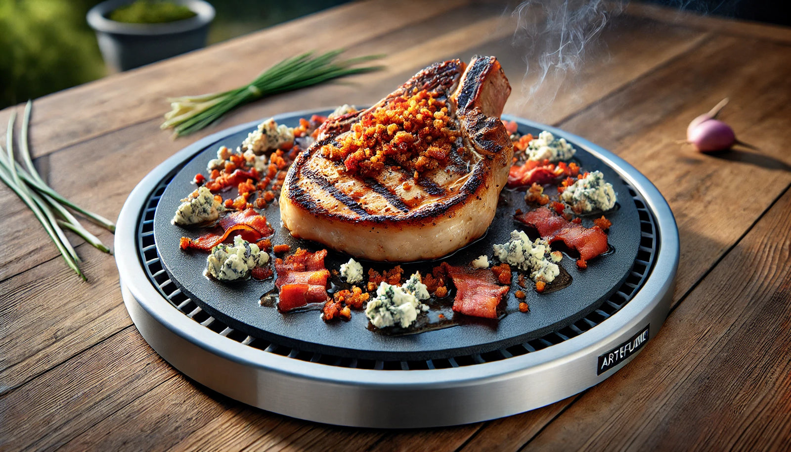 pork chops with crispy bacon crumbles and blue cheese topping