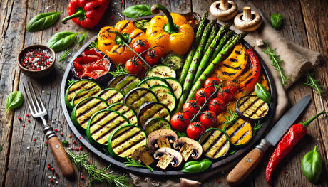 Grilled vegetables platter featuring zucchini, bell peppers, asparagus, mushrooms, and eggplant with caramelized grill marks, garnished with fresh herbs.