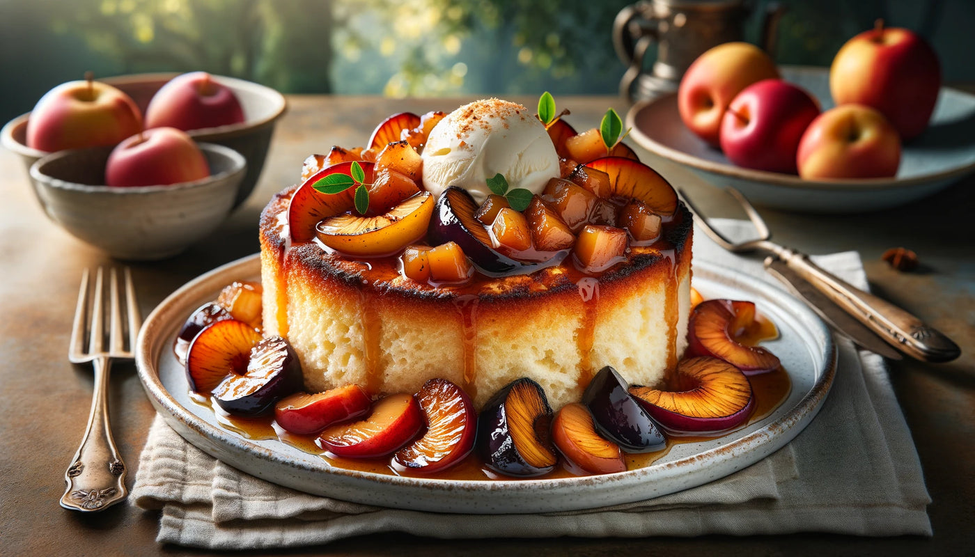Grilled Angel Food Cake with Caramelized Apples & Plums Recipe