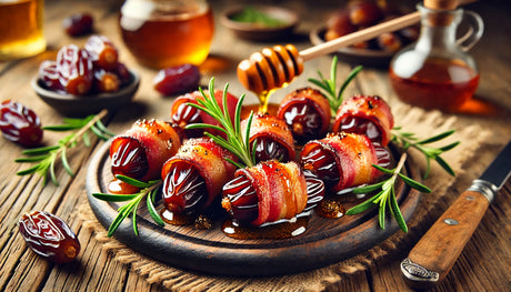 A plate of grilled bacon-wrapped dates, glistening with honey glaze, garnished with fresh rosemary. The dates are arranged beautifully on a rustic wooden board, highlighting the crispy bacon and caramelized glaze.