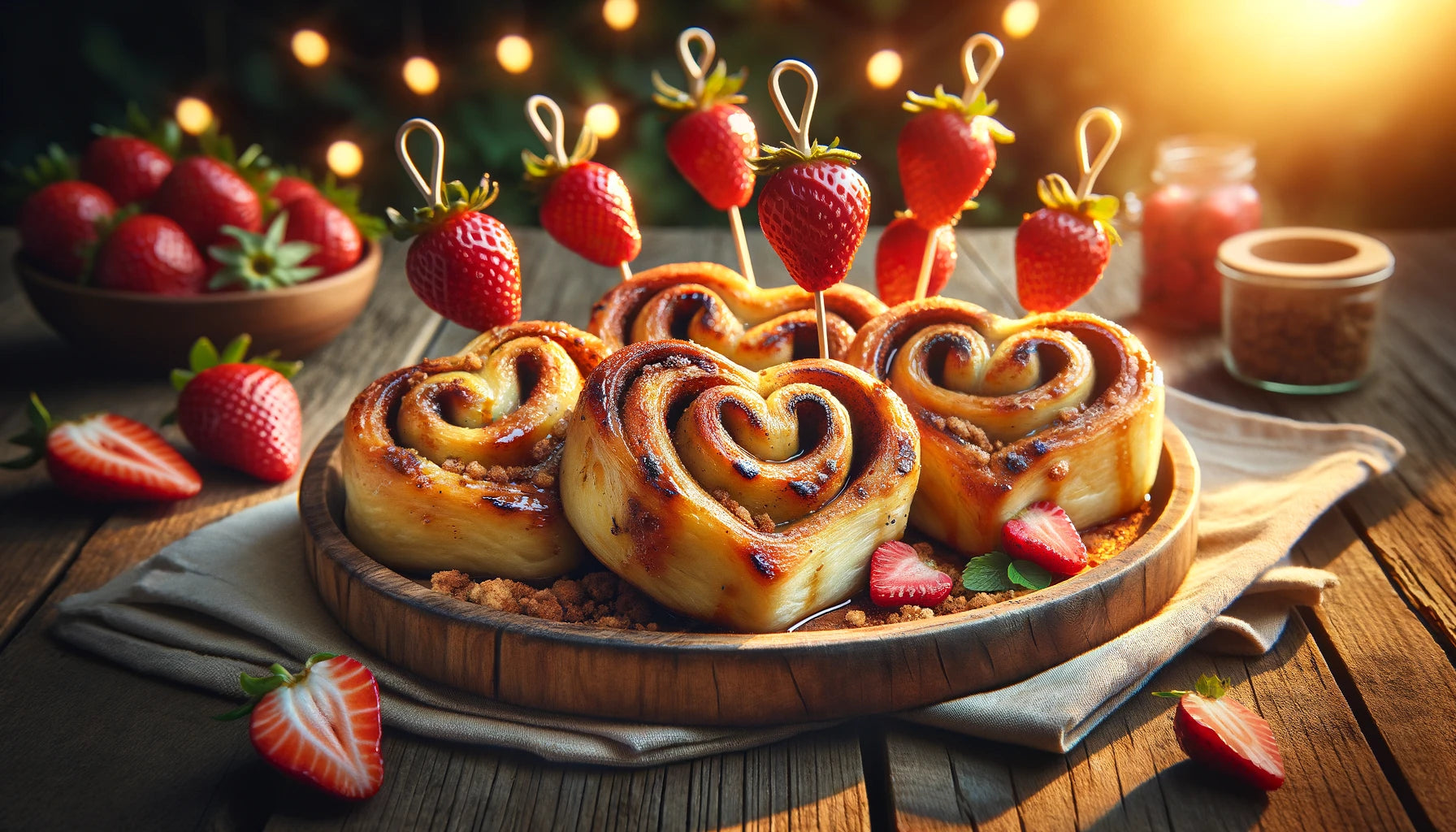 Grilled Cinnamon Roll Hearts with Strawberry Skewers & Pork Panko