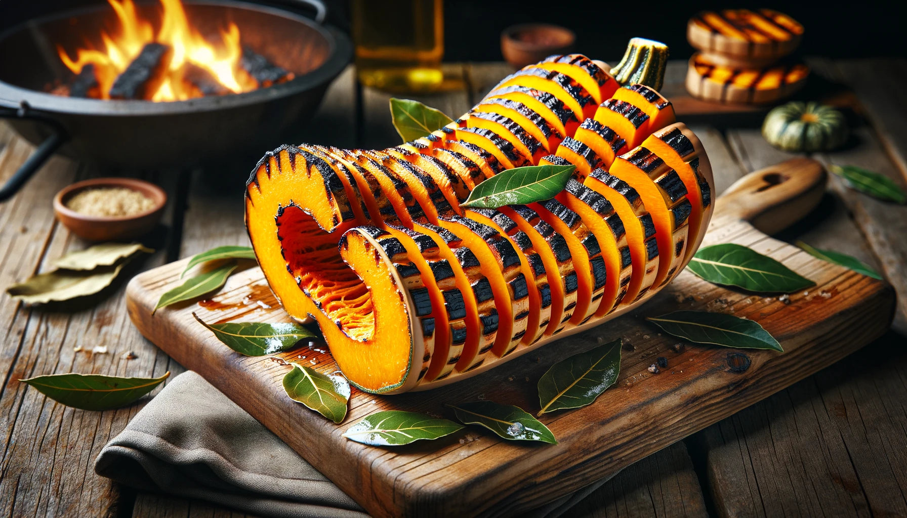 Hasselback Butternut Squash with Bay Leaves on the Grill.