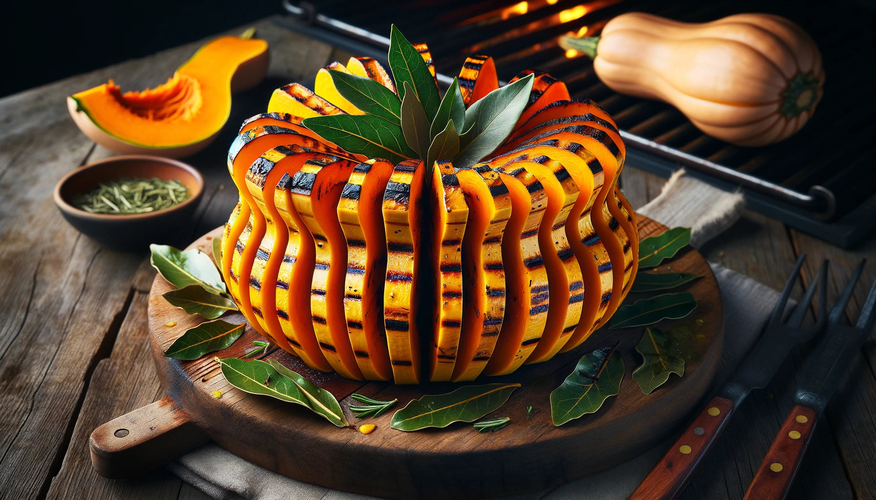 Grilled Hasselbeck Butternut Squash with Bay Leaves, featuring the squash cut in the Hasselbeck style and grilled to perfection