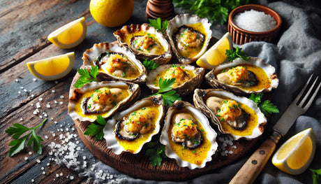 A plate of beautifully grilled oysters, each nestled in its half shell and topped with a golden, bubbly garlic butter sauce.