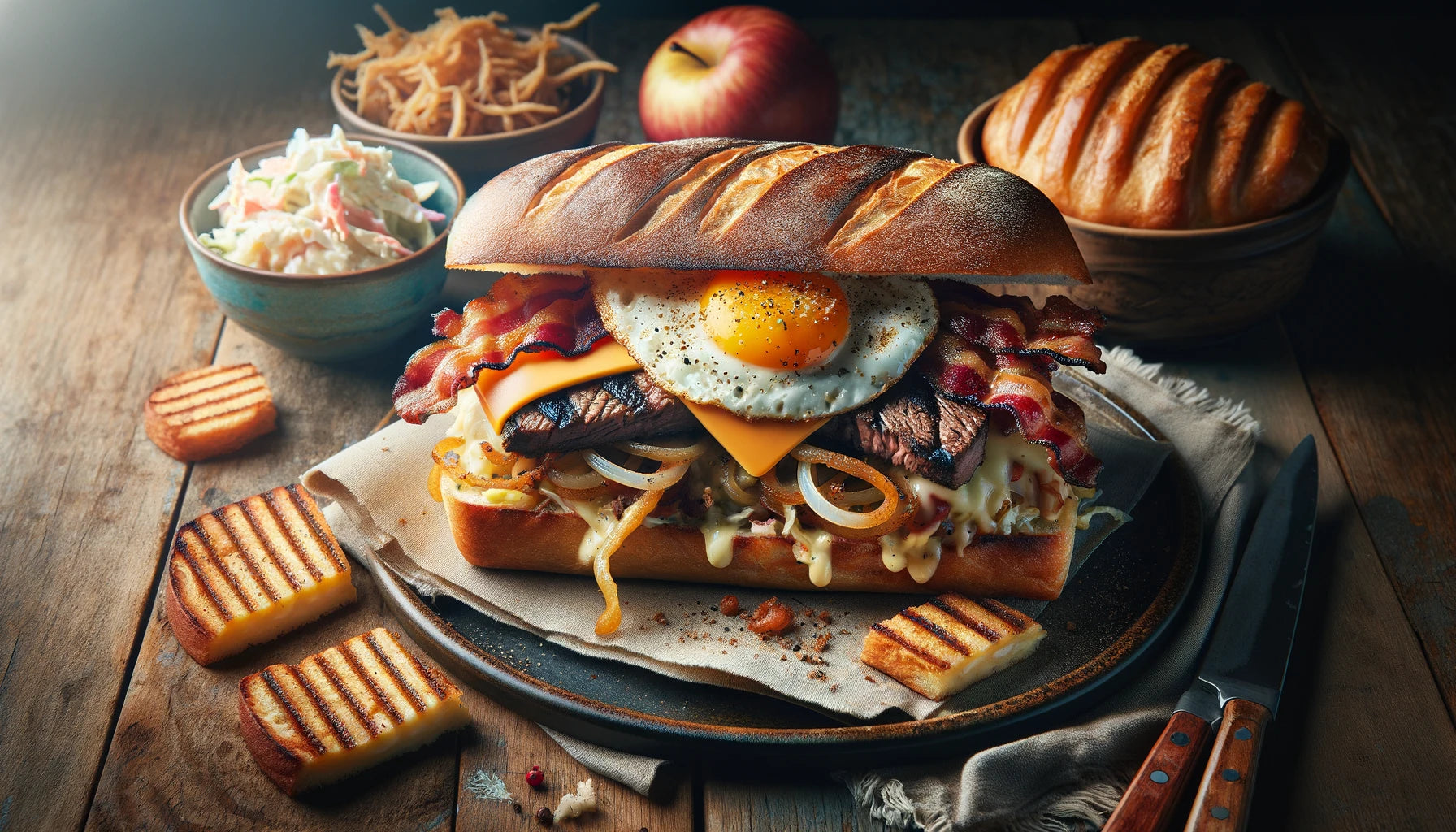 Grilled Steak Sandwich with egg and cheese, complete with a side of crispy coleslaw and apple turnover