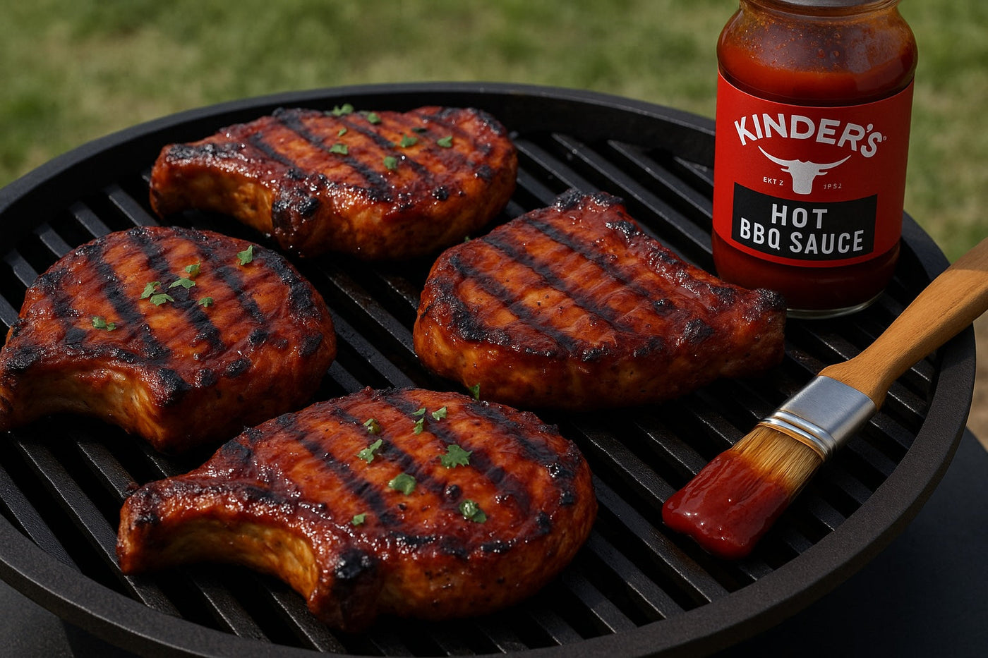 Kinder's Hot BBQ Sauce Grilled Pork Chops