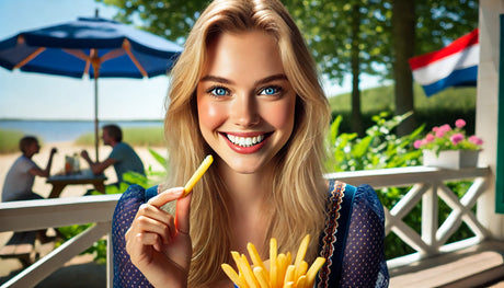 girl eating french fries made on the Arteflame Grill