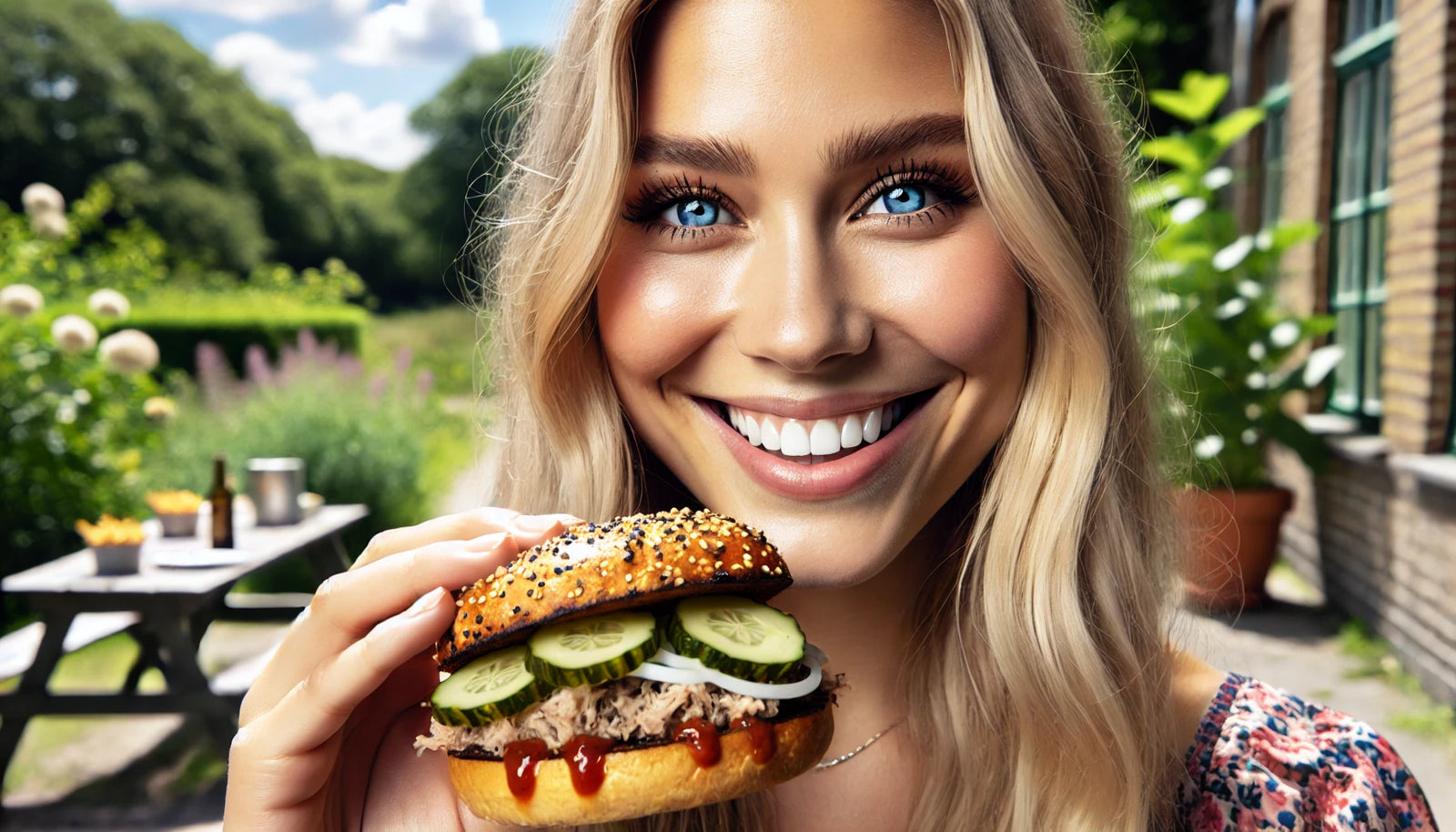 Blonde model eating a McRib