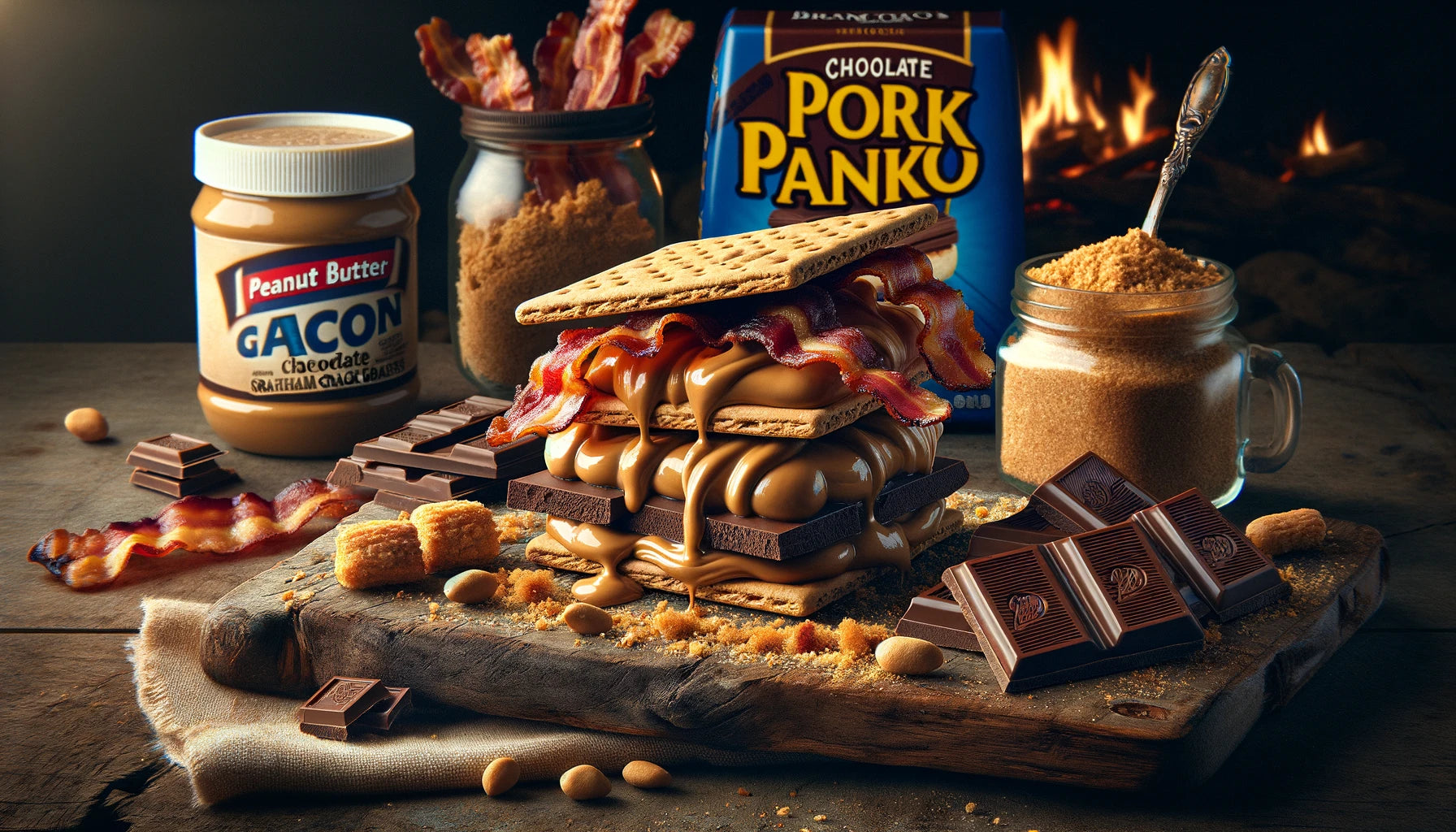 Peanut Butter Bacon Chocolate Graham Cracker S’mores with Pork Panko