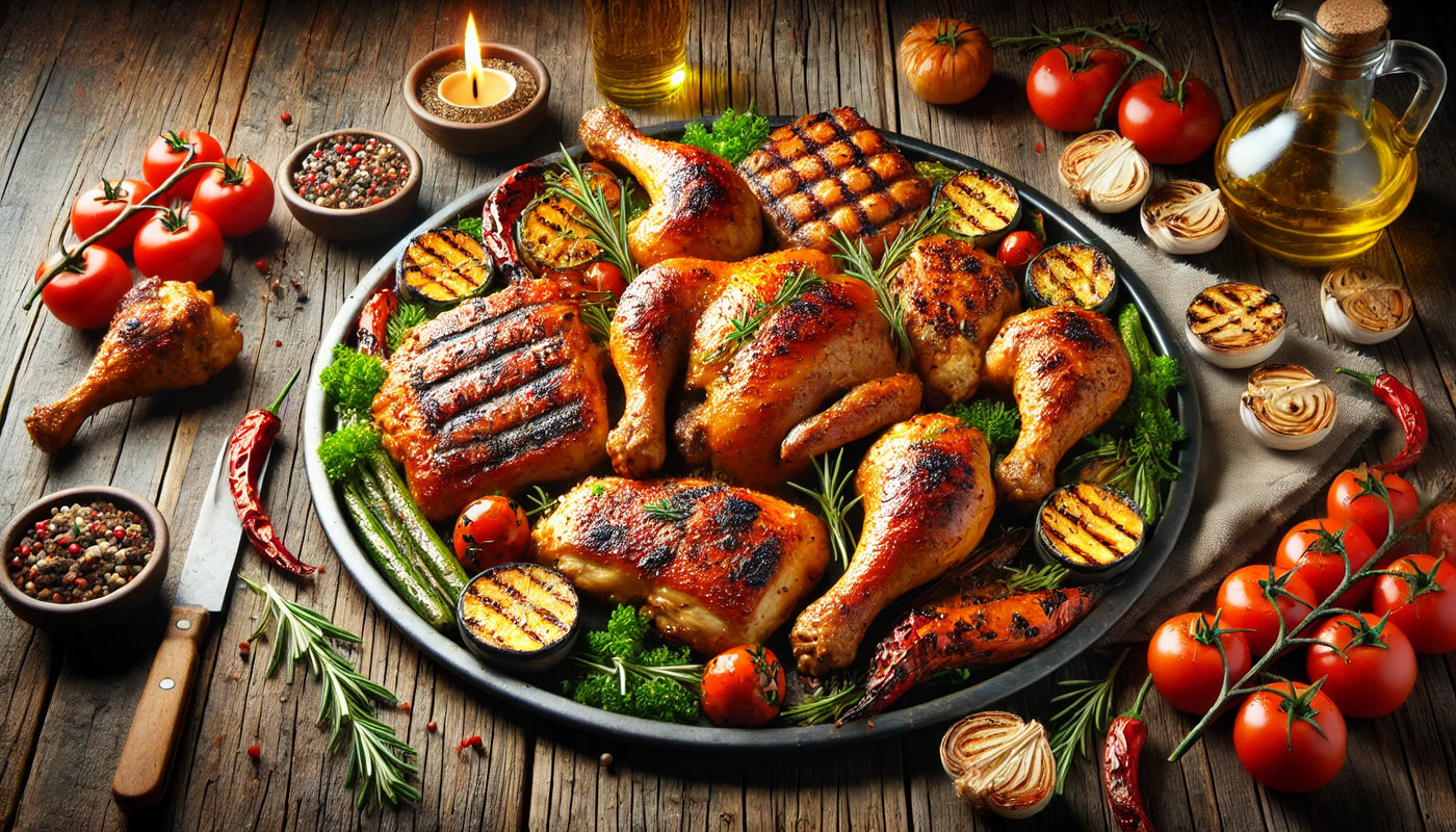 A platter of perfectly barbecued chicken including thighs, drumsticks, and breasts with a golden caramelized crust, garnished with fresh herbs and served with grilled vegetables.