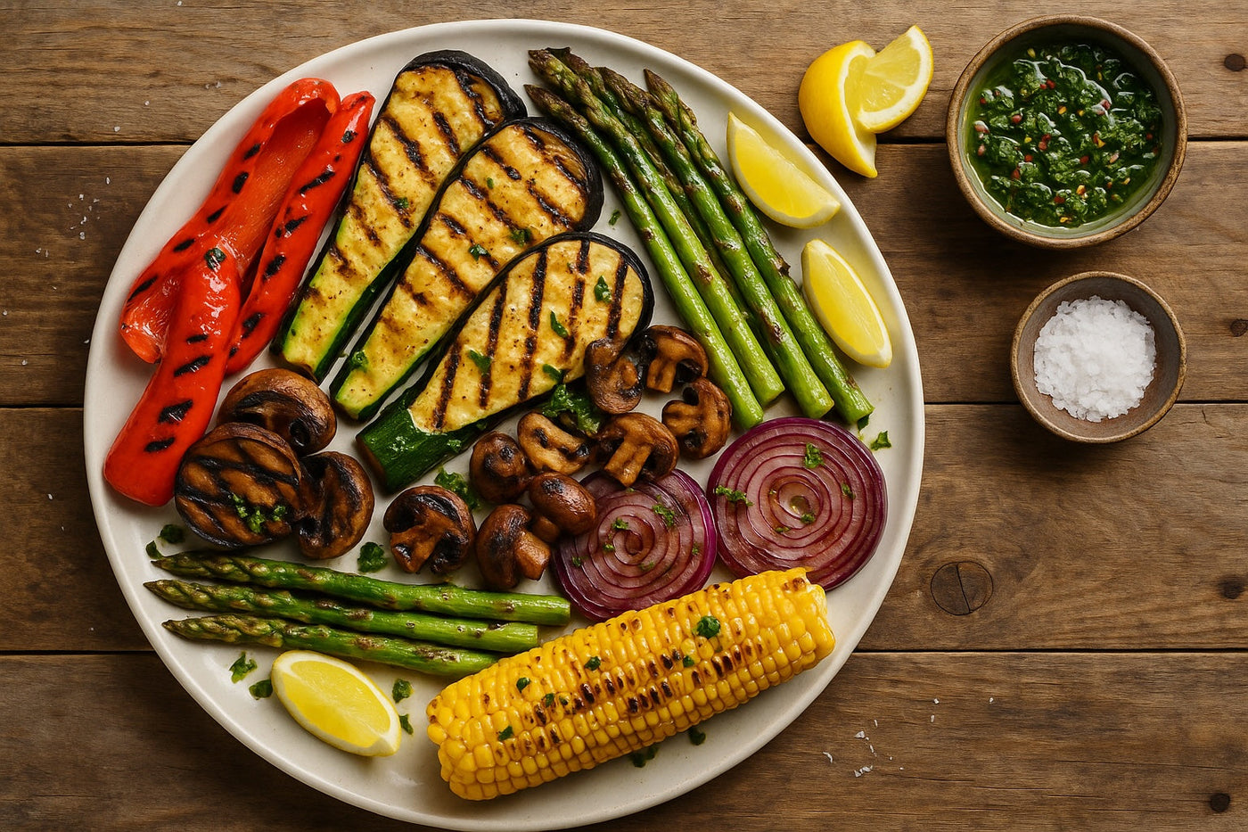 Platter of perfectly grilled vegetables—peppers, zucchini, eggplant, asparagus, mushrooms, red onion, and corn—finished with sea salt, lemon, and chimichurri.