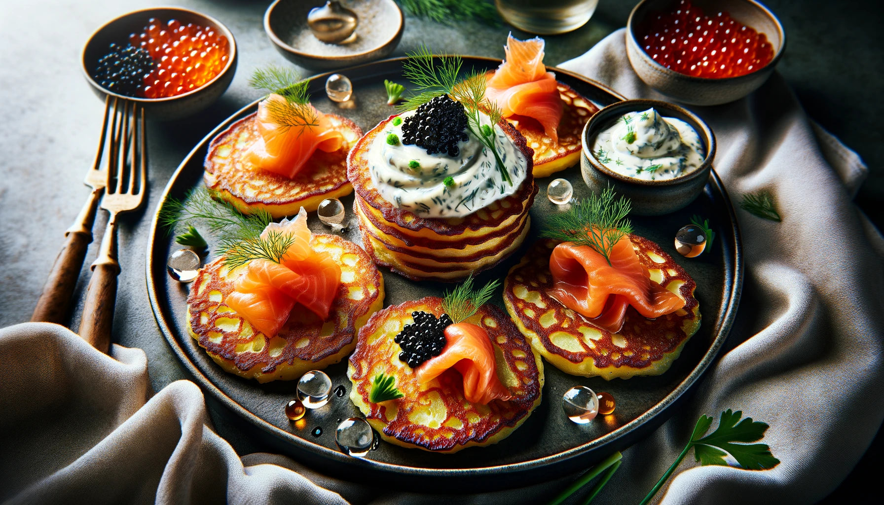 Potato Pancakes with Smoked Salmon, Caviar, and Dill Cream