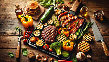 A round flat cooktop griddle loaded with seared steaks, caramelized vegetables, golden pancakes, and sizzling bacon, emphasizing its versatility and vibrant presentation.