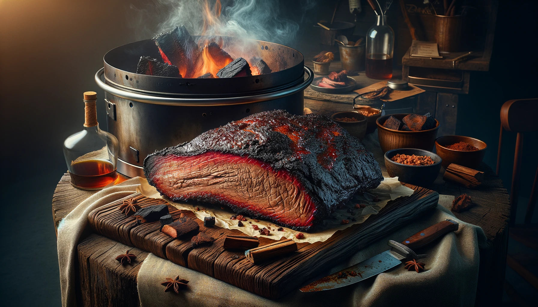 Smoked Brisket, emphasizing the innovative smoking technique and the rich, flavorful result of open fire smoking