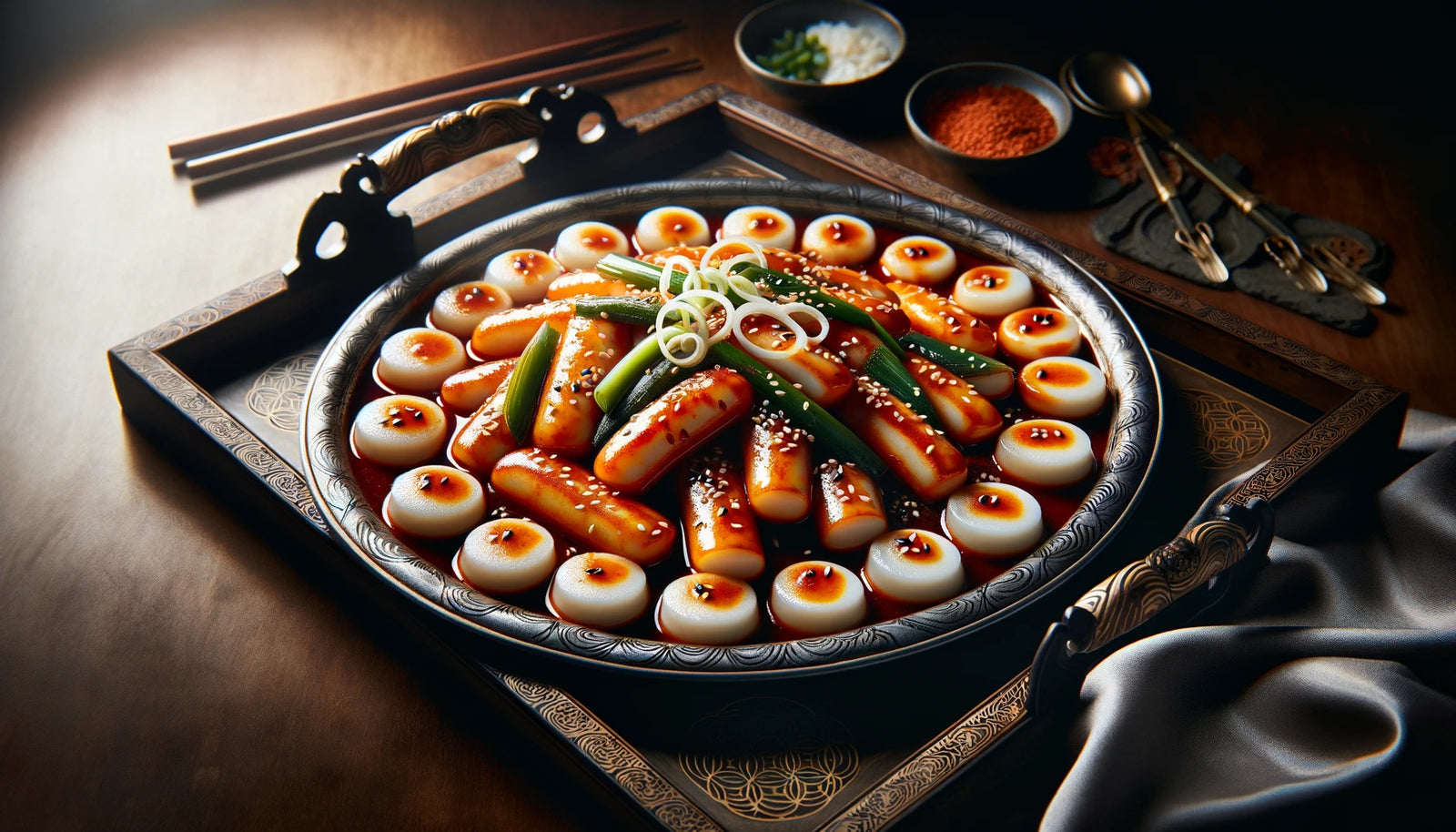 Tteokbokki presented on an elegant serving tray