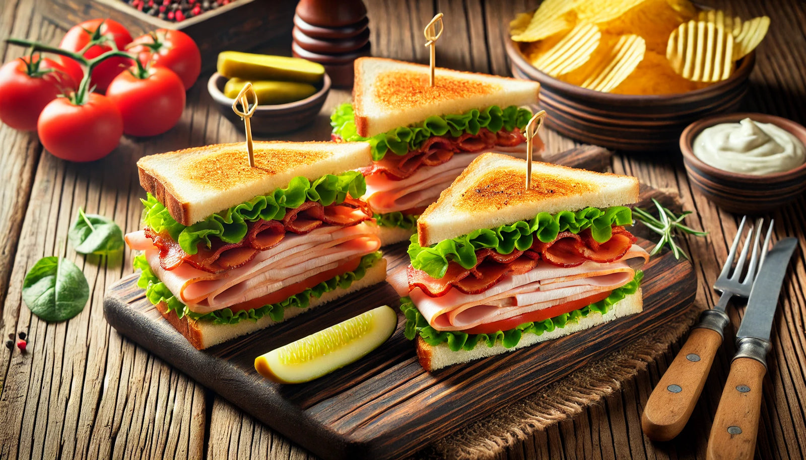 A beautifully assembled club sandwich, cut into quarters and secured with toothpicks.