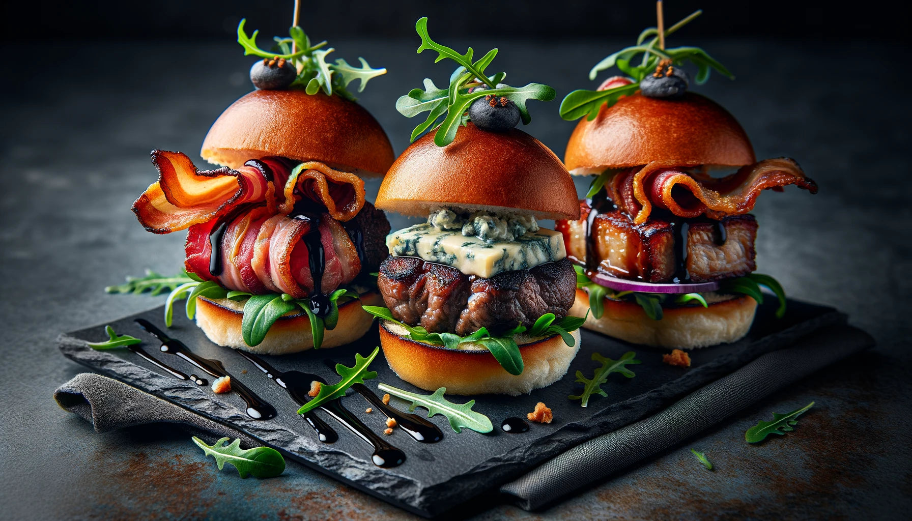 Wagyu Beef, Pork Belly, and Blue Cheese Sliders