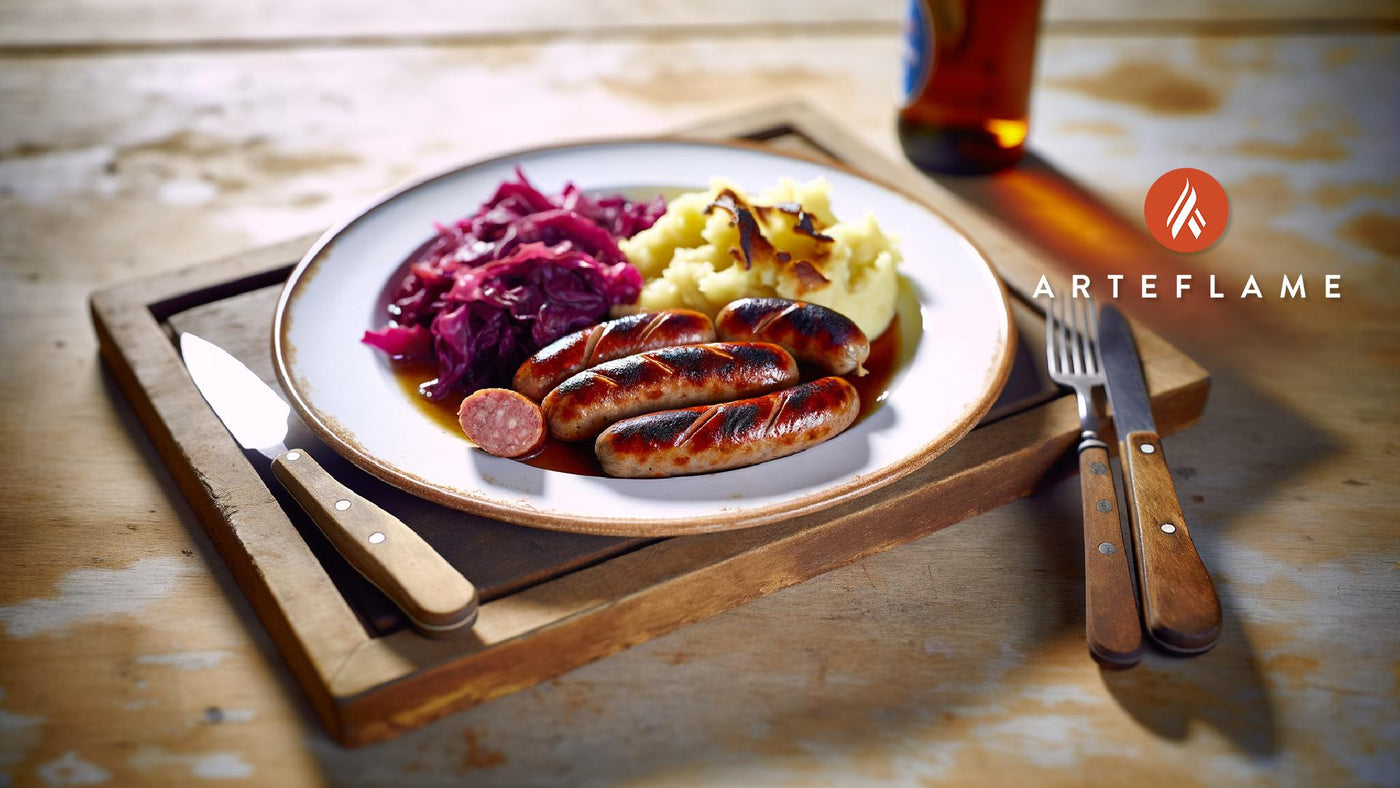 Authentic German Grilled Smoked Sausages with Red Cabbage