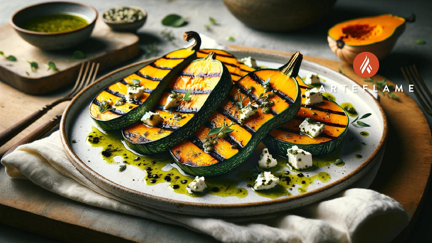 Grilled Butternut Squash with Herb Oil and Goat Cheese.