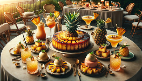 an elegant spread of drinks and desserts featuring grilled pineapple