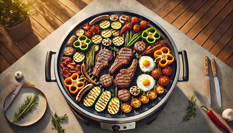 Arteflame Griddle Grill Insert searing steaks and veggies.