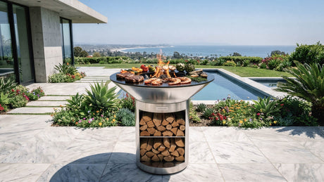 Stainless steel Arteflame Platinum Series 40-inch grill with firewood storage base on a white marble patio above the ocean