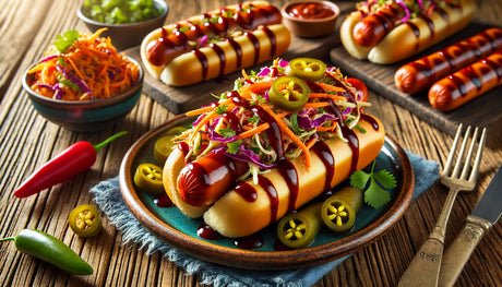 BBQ-Glazed Hot Dogs with Spicy Slaw