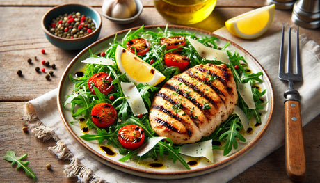 grilled chicken paillard with a fresh arugula salad