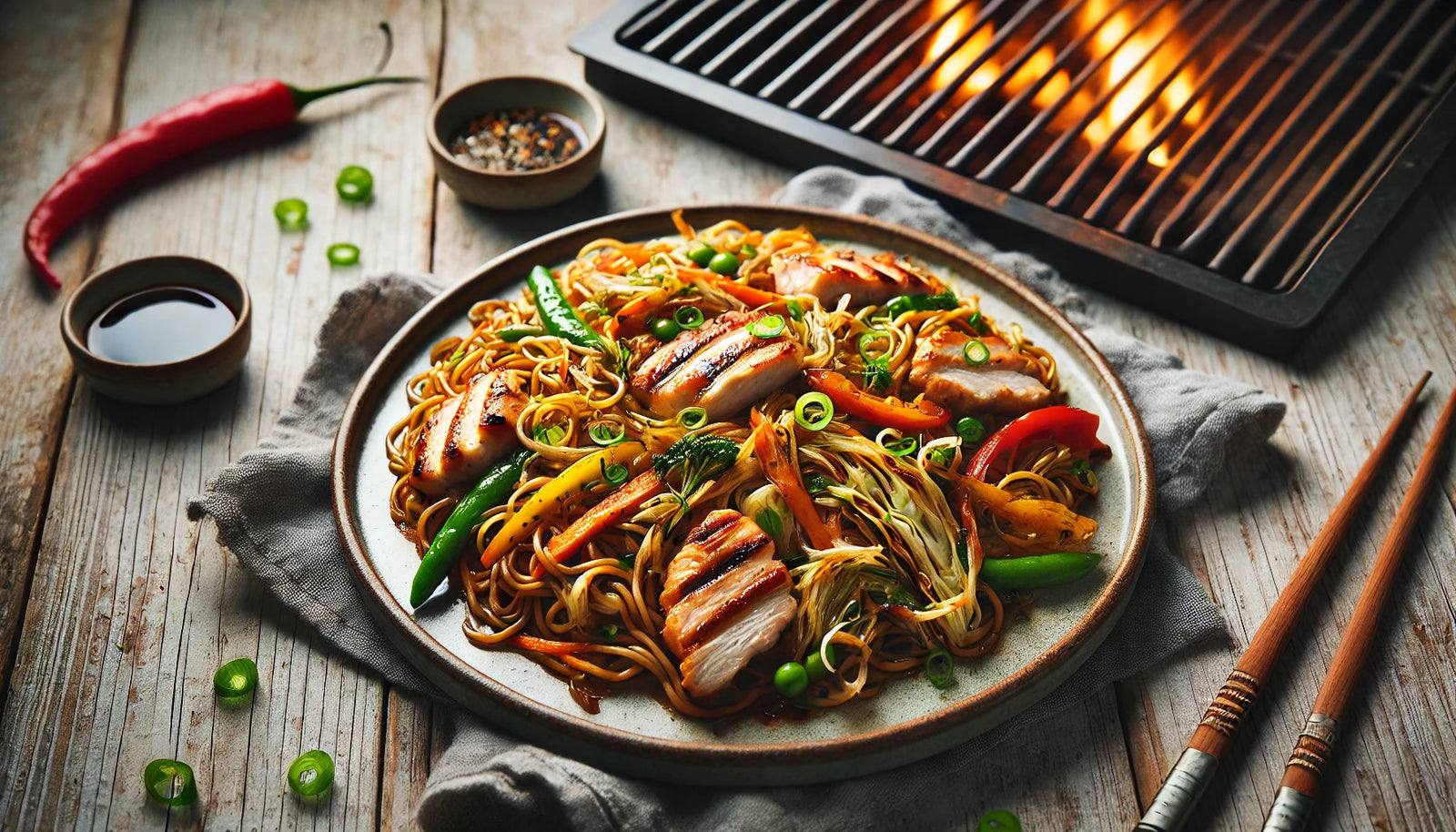 Smoky Grilled Chow Mein with Fresh Vegetables