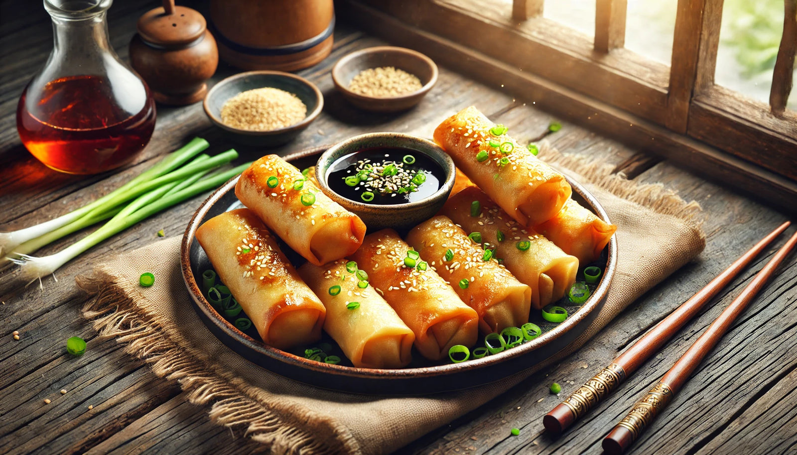 Golden Grilled Spring Rolls with Soy Dipping Sauce