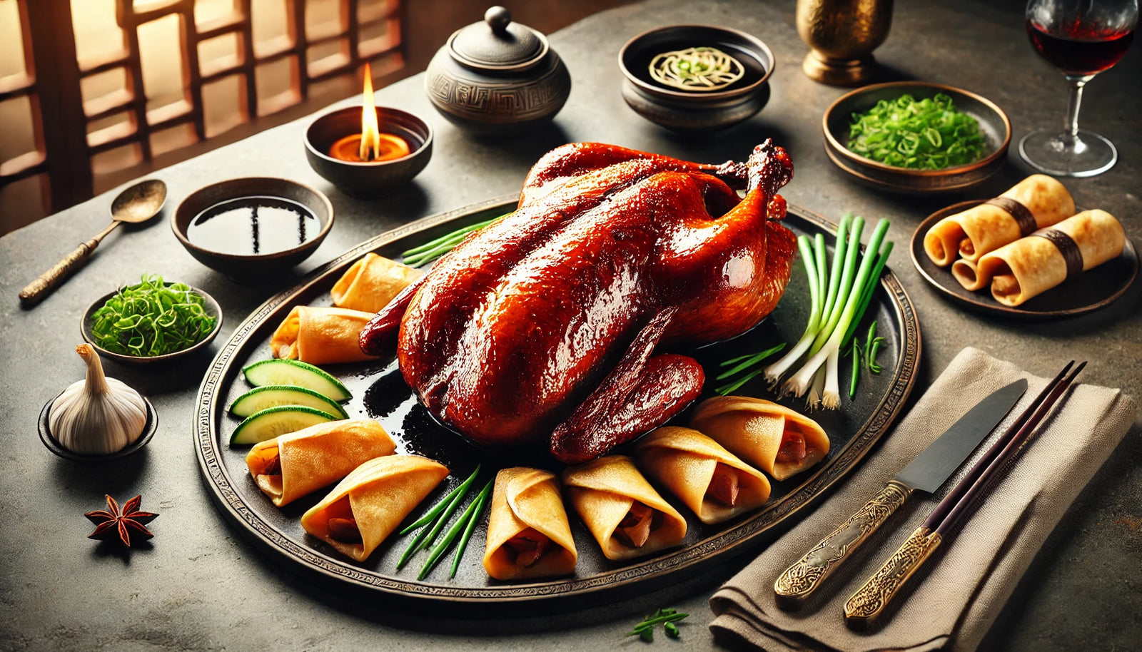 Crispy Rotisserie Peking Duck with Mandarin Pancakes