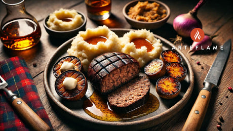 Grilled Haggis with Mashed Tatties, Neeps, and Whisky Cream Sauce