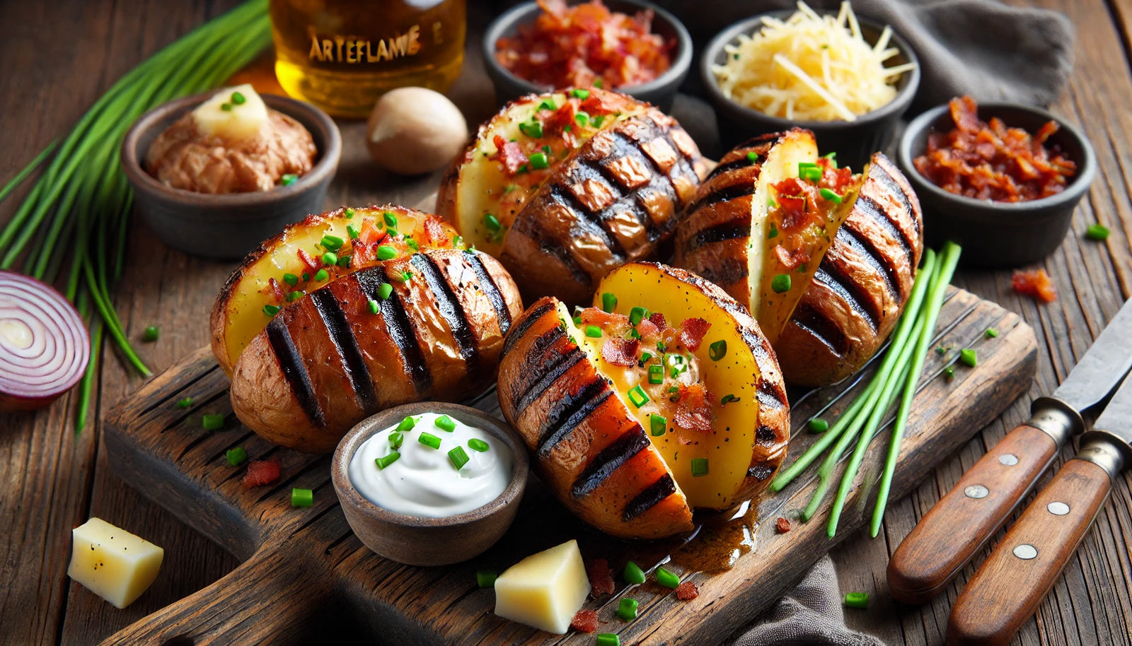 perfectly grilled baked potato served on an elegant platter