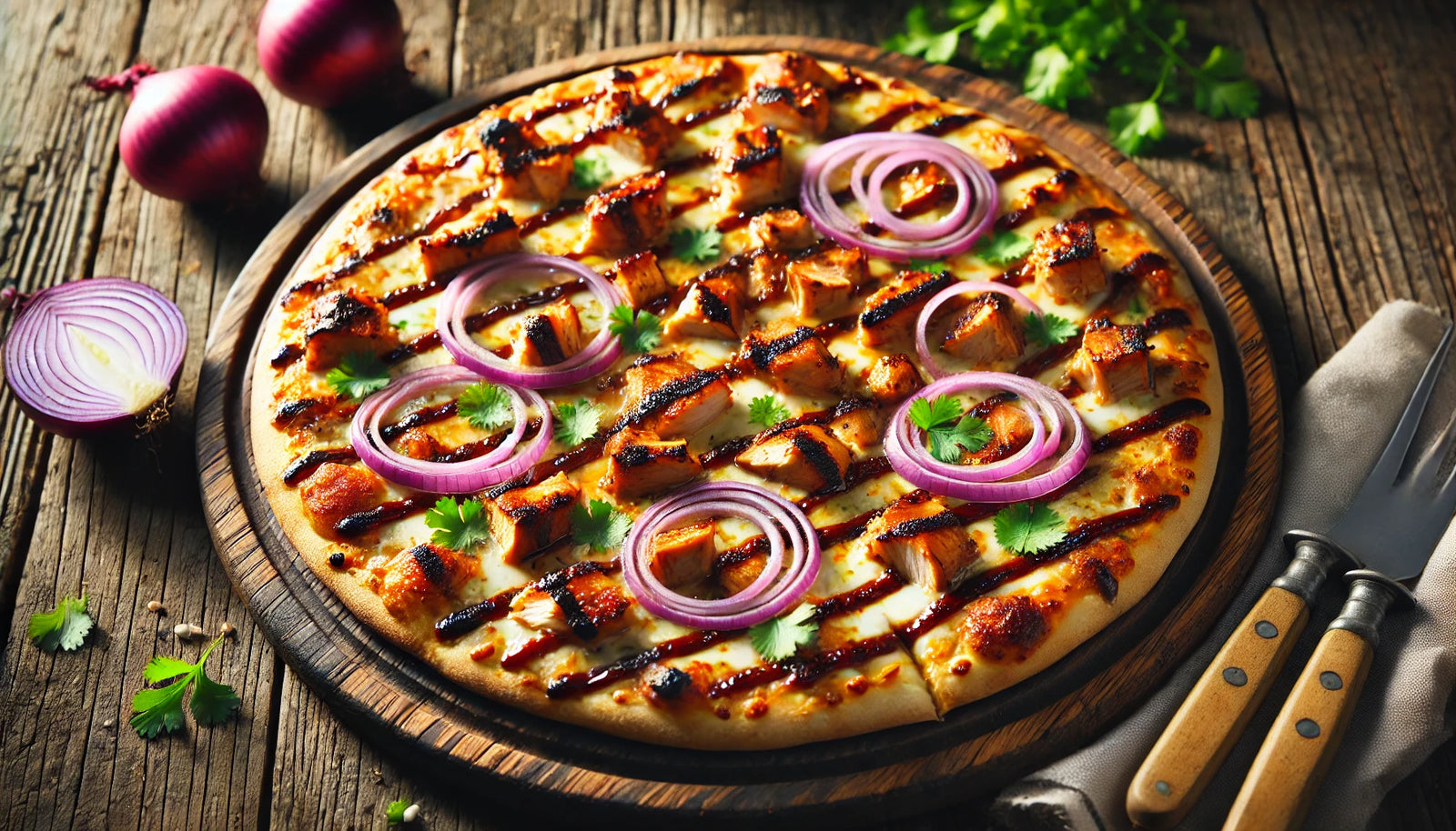 sliced BBQ chicken pizza with golden crust, melty cheese, fresh cilantro, and charred grill marks on the chicken, served on a wooden board