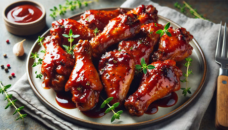 crispy BBQ chicken wings coated in a glossy, caramelized BBQ sauce