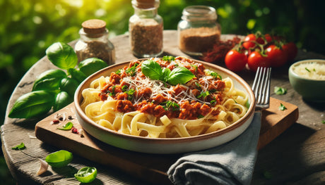 beautifully plated Bolognese pasta served outdoors