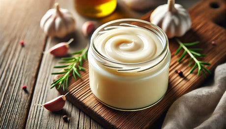 Rendered beef tallow in a jar with a spoon, surrounded by fresh ingredients, highlighting its versatility and uses in cooking and skincare.