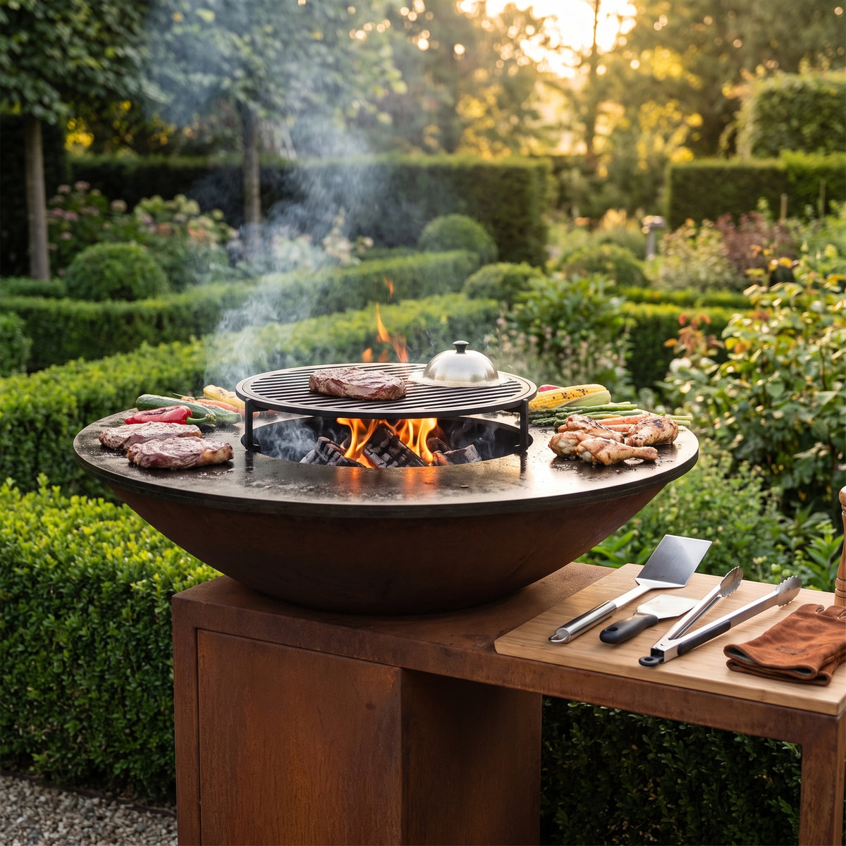 Arteflame wood-fired flat-top grill with round Corten steel base: Best Barbecue Grill Accessories