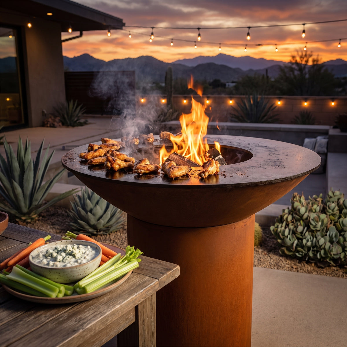 Arteflame wood-fired flat-top grill with round Corten steel base: Grill the Best Chicken Wings