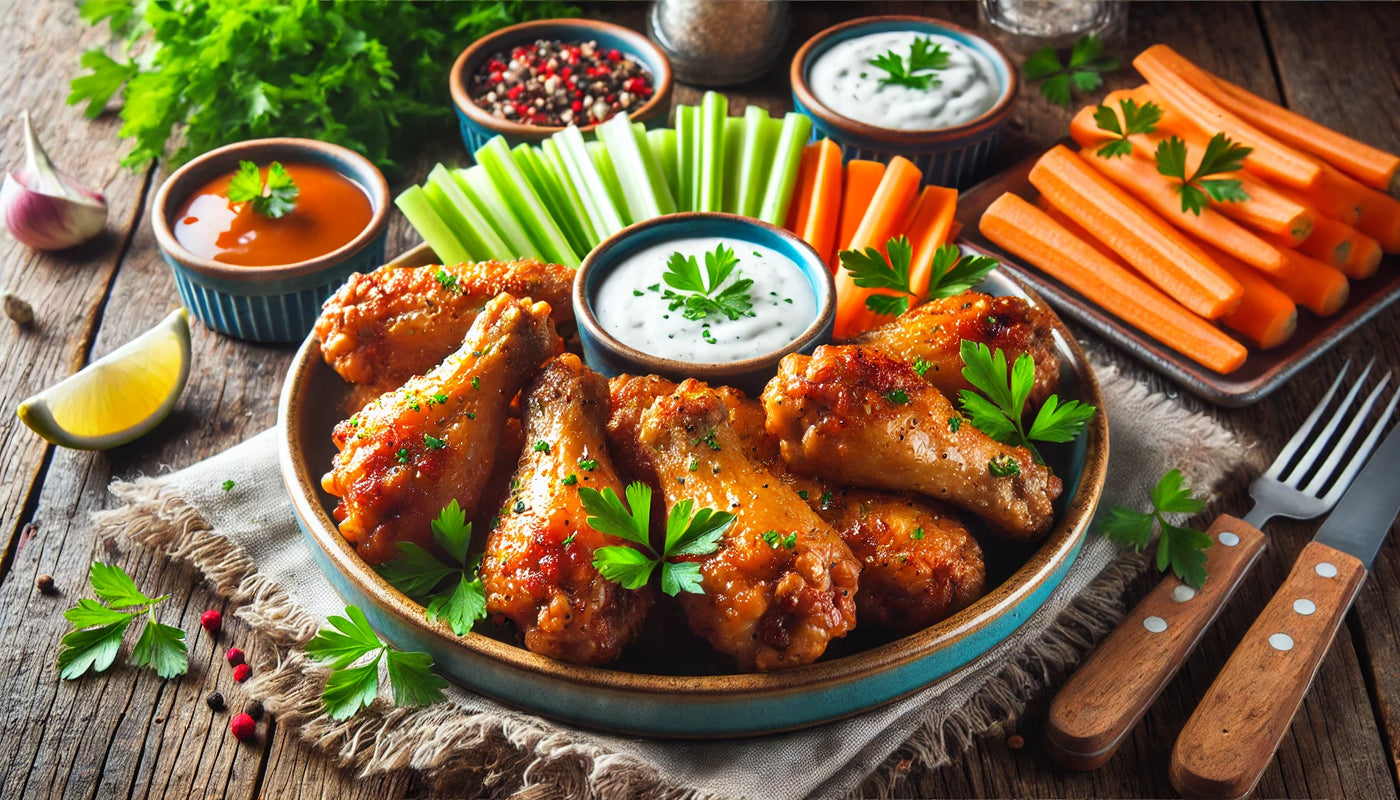 A plate of crispy, golden chicken wings garnished with parsley, served with ranch and blue cheese dipping sauces, alongside celery and carrot sticks.