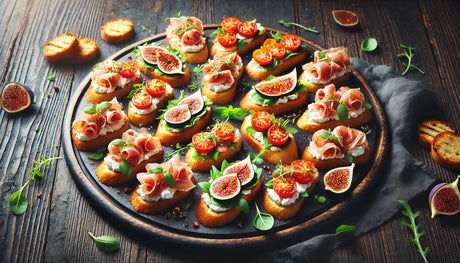 platter of crostini with a variety of gourmet toppings, beautifully toasted and ready to enjoy