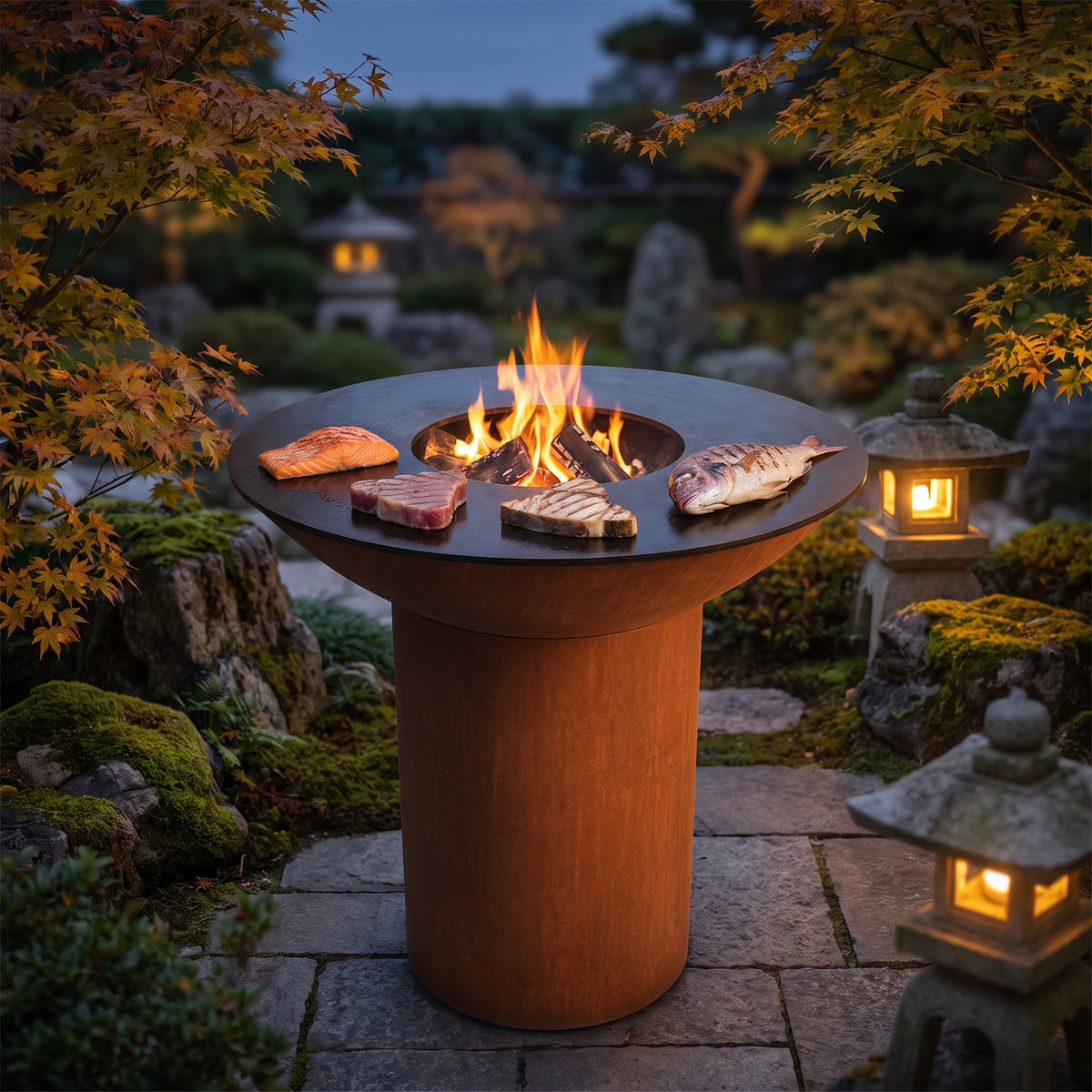 Salmon, tuna, swordfish and whole snapper grilling on an Arteflame wood-fired flat-top grill with a round Corten steel base