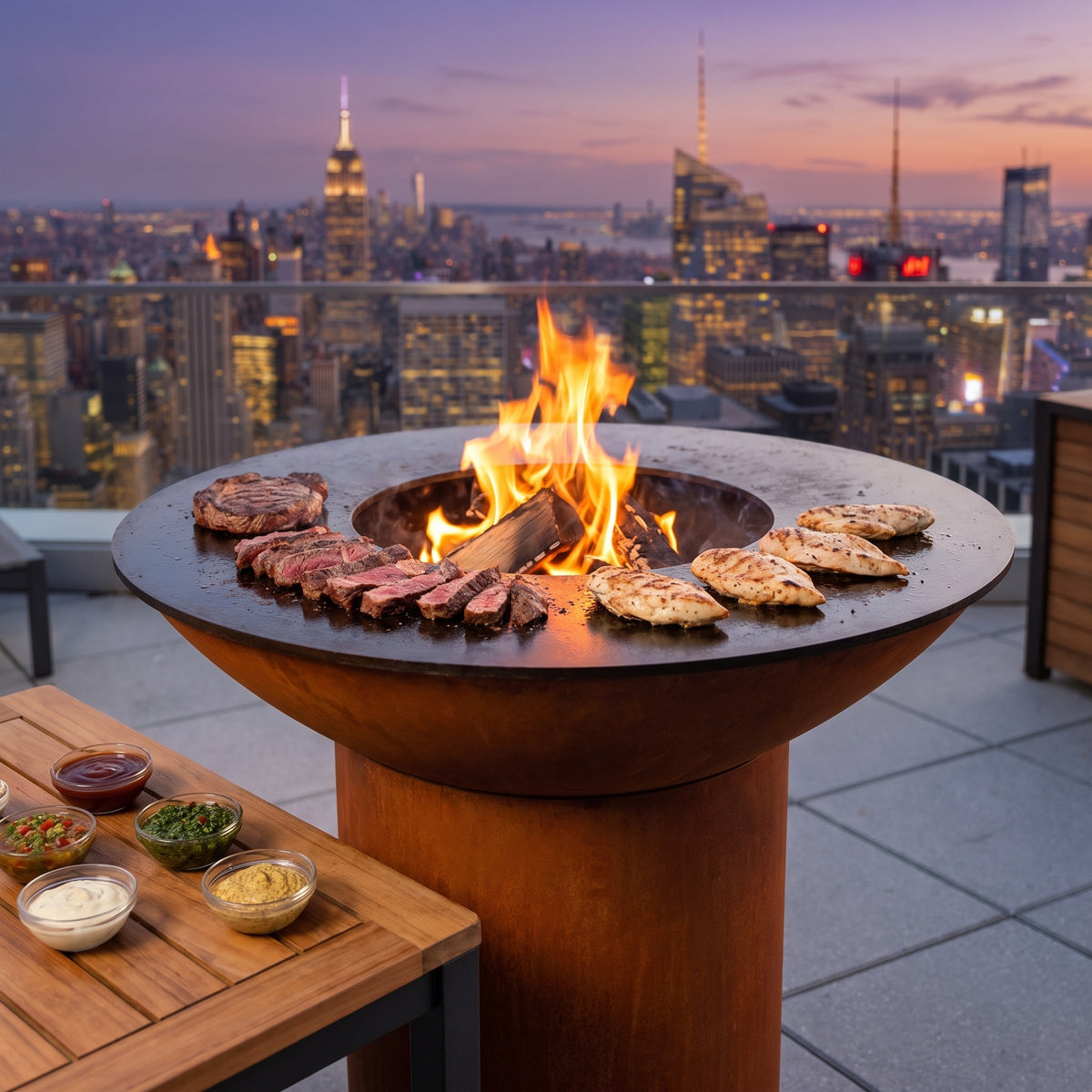 Barbecue sauce, chimichurri and aioli with grilled steak and chicken on an Arteflame wood-fired flat-top grill with a round Corten steel base