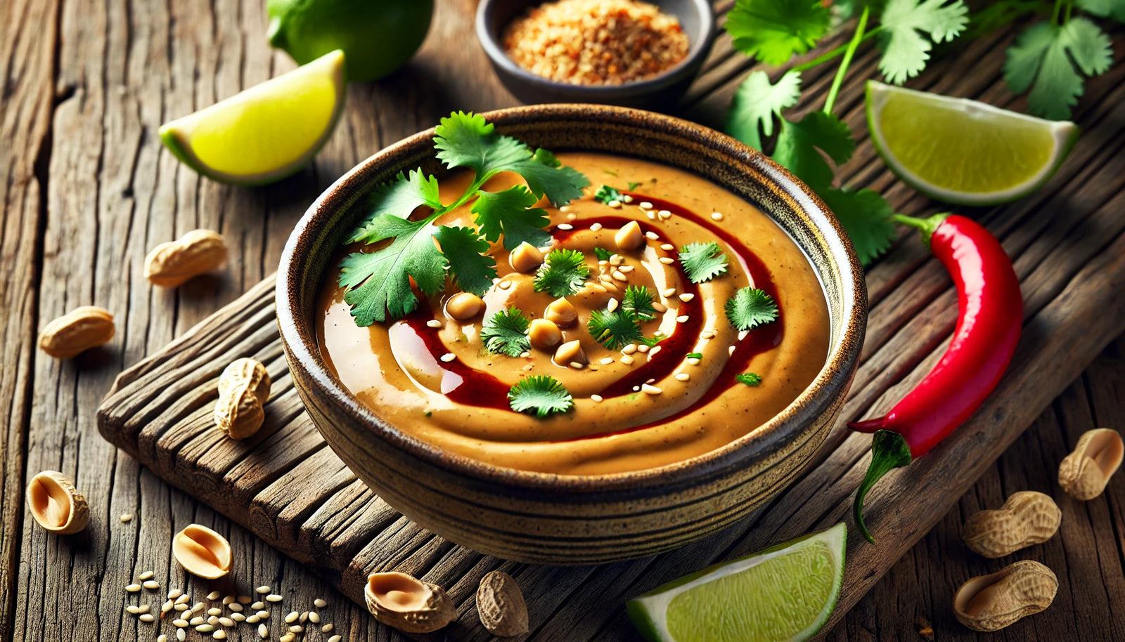 creamy peanut sauce, garnished with fresh cilantro and crushed peanuts