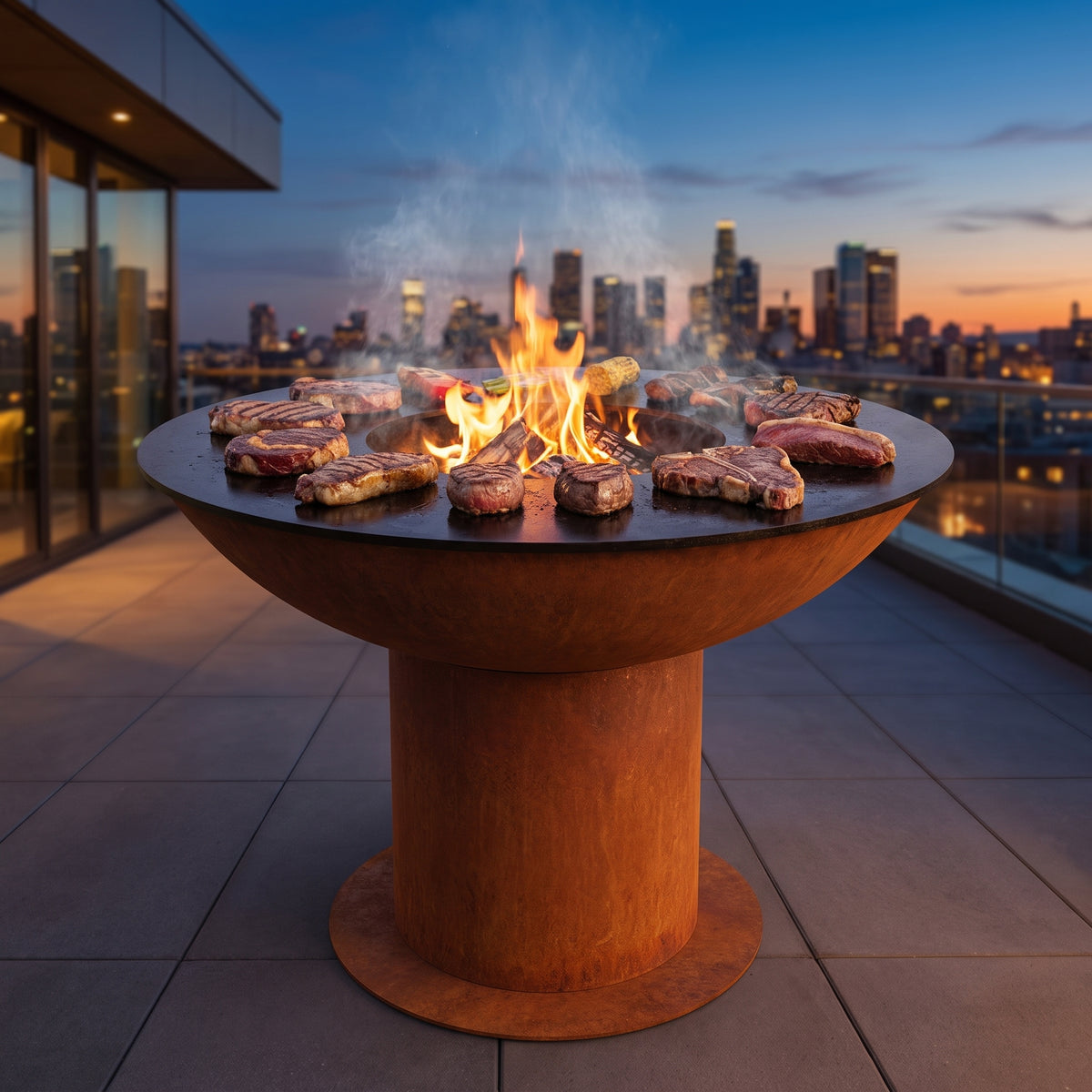 Ribeye, strip, filet, T-bone and picanha steaks grilling side by side on an Arteflame wood-fired flat-top grill with a round Corten steel base