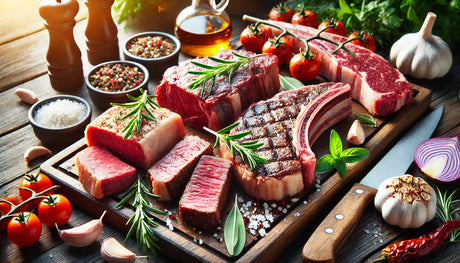 A selection of the best steaks for grilling, including ribeye, New York strip, filet mignon, and T-bone, on a wooden cutting board with rosemary and garlic.