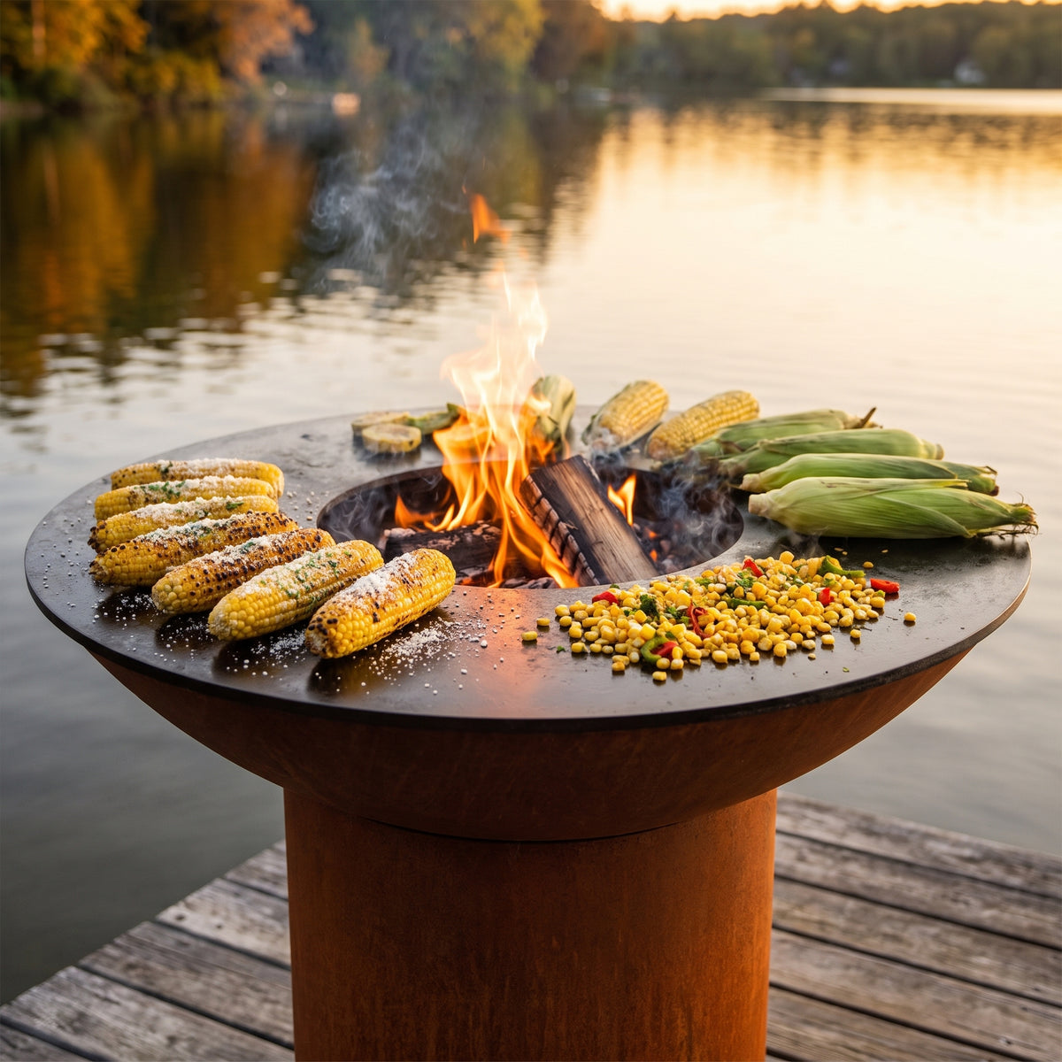 Arteflame wood-fired flat-top grill with round Corten steel base: Best Ways to Grill Corn