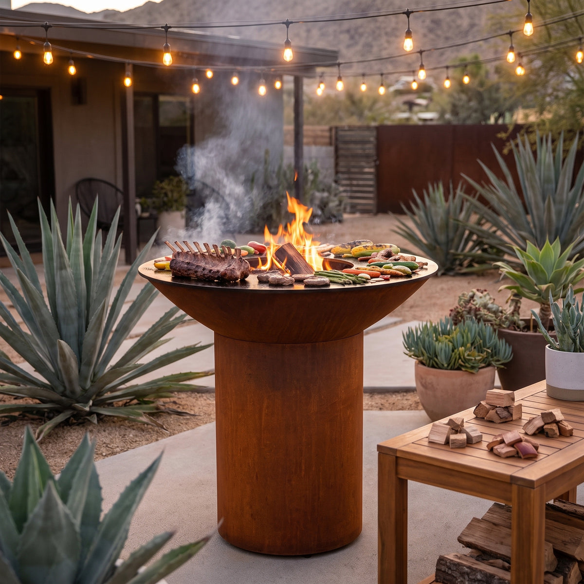 Hickory, oak, apple and cherry smoking woods beside ribs on an Arteflame wood-fired flat-top grill with a round Corten steel base